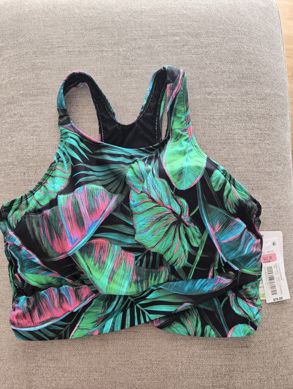 NWT NEXT Tropical Leaf High-Neck Swim Sports Bra - Black, Green & Pink XL